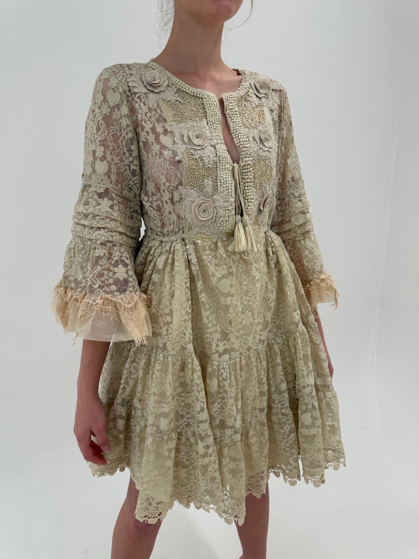 Rochie nude în stil Zimmerman din dantelă Chantilly cu aplicații florale și aplicații 3D