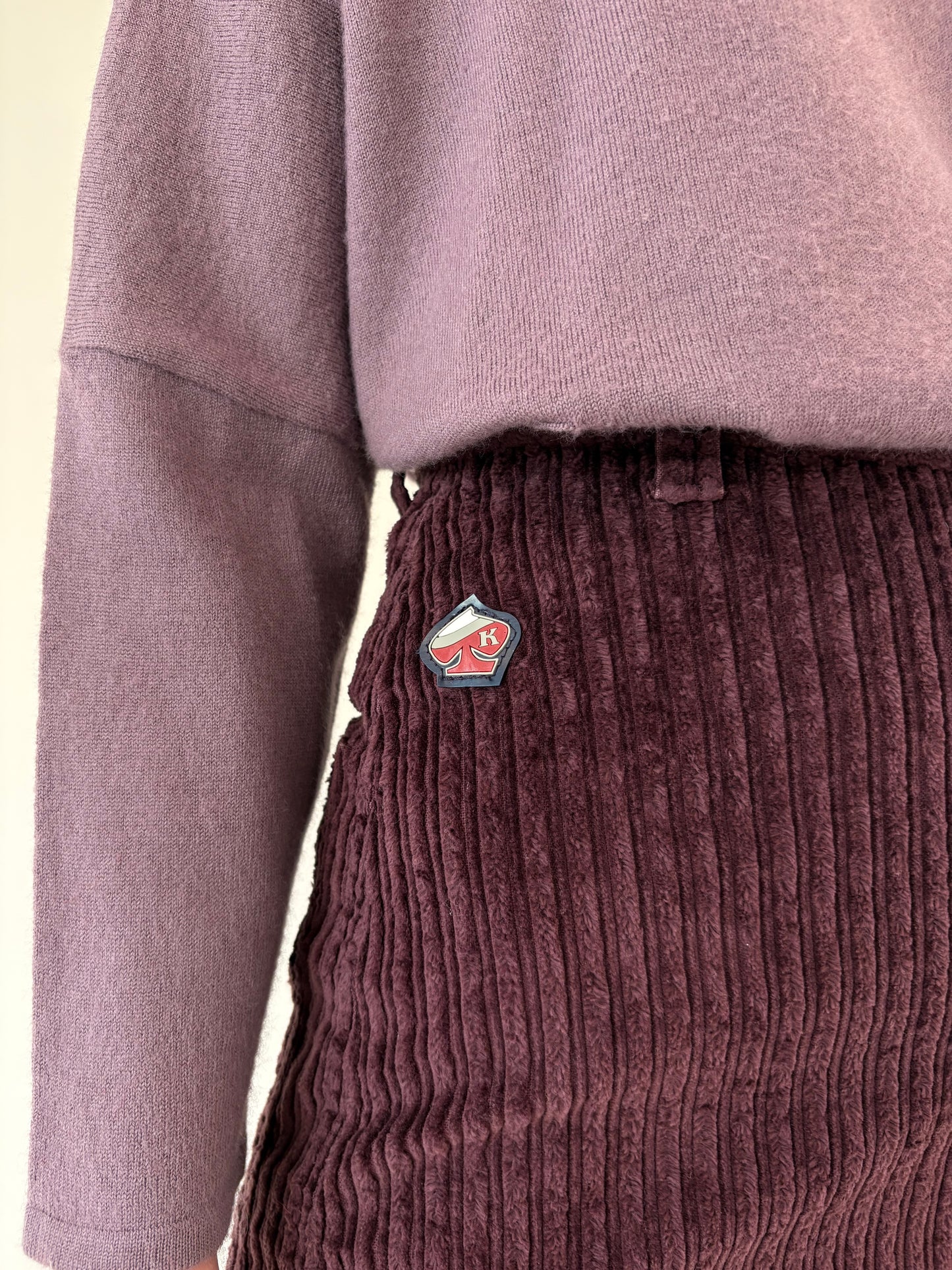 Fustă vintage maxi aubergine din corduroy cu talie ultra înaltă