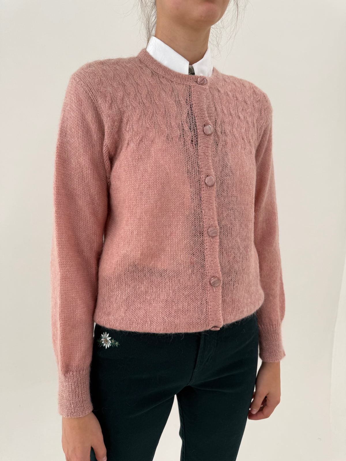 Cardigan vintage din mix de baby mohair dusty powder pink