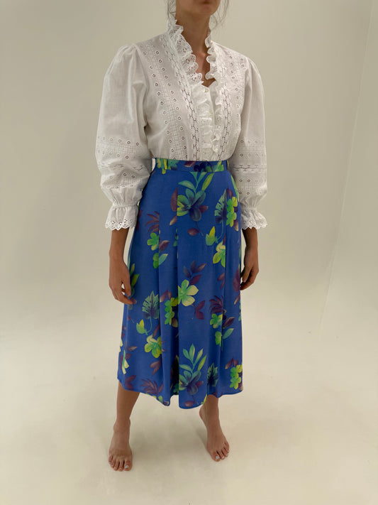 Fustă vintage lavender cu print organic superb spre maxi și talie elastică