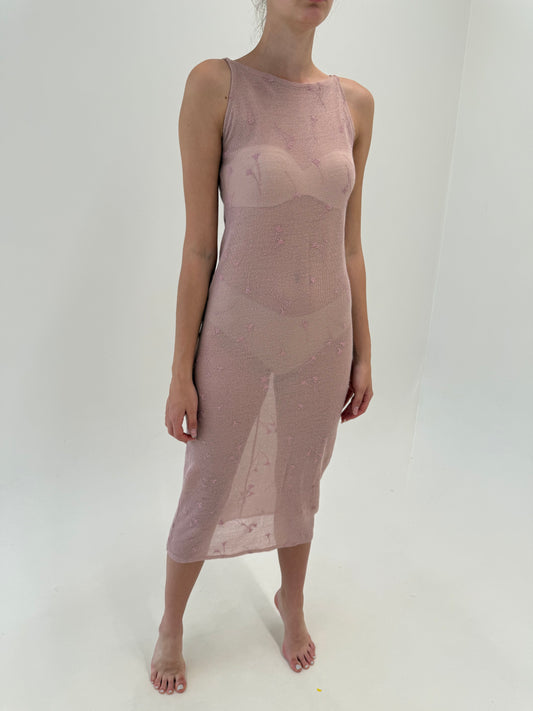 Rochie dusty powder pink italiană din de plajă din jerse de vară cu broderie
