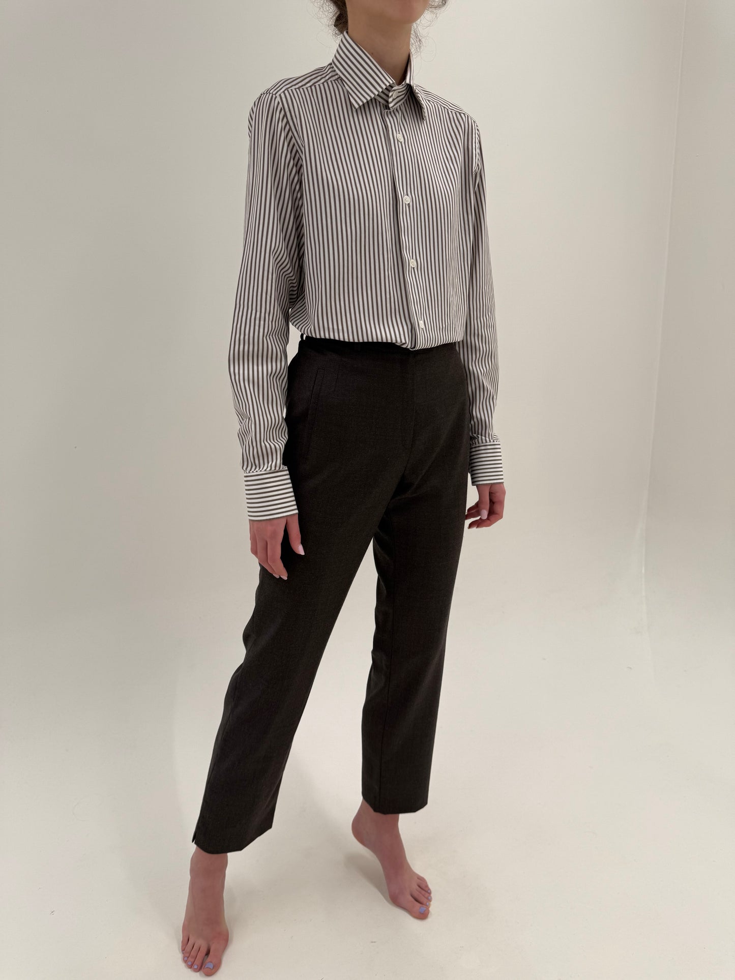 Pantaloni taupe brown din stofă plină de lana confort în croi clasic