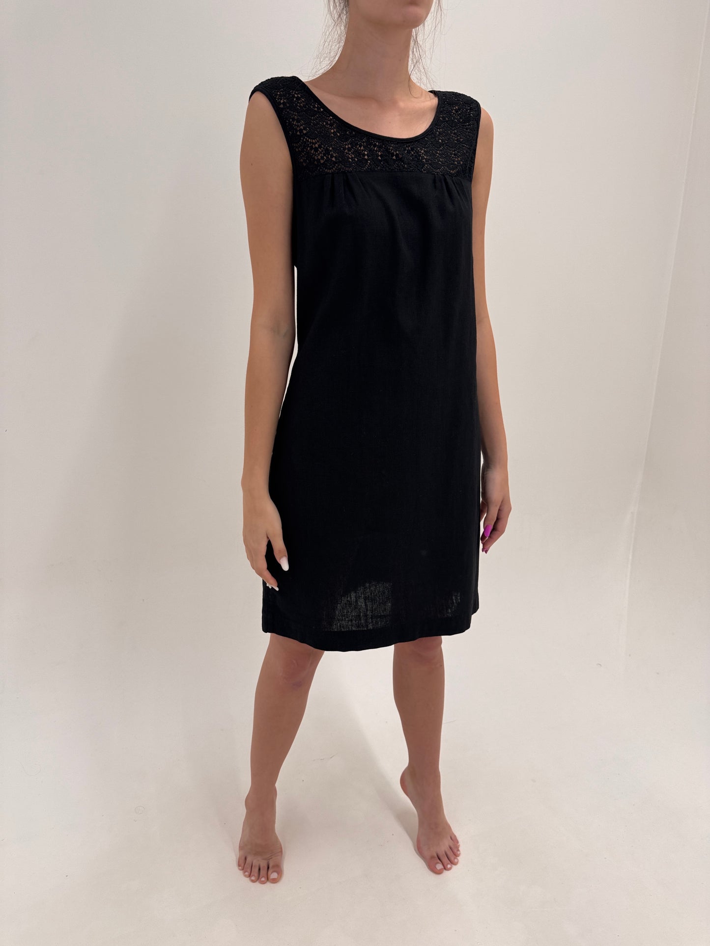 LBD vintage din pânză de in și bumbac cu dantelă macrame in croi lejer