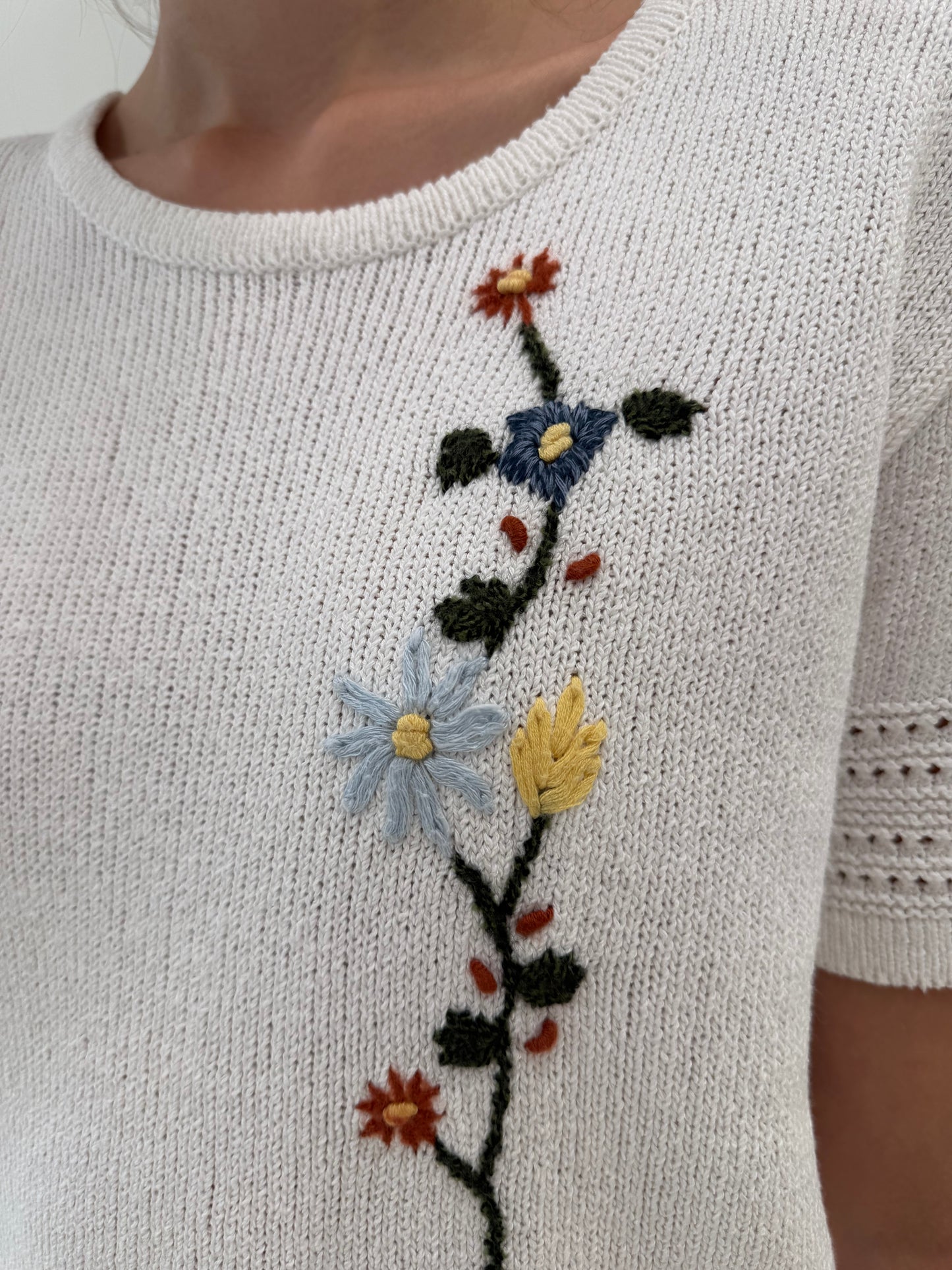 Top vintage soft knit de vară cu broderie manuală din bumbac