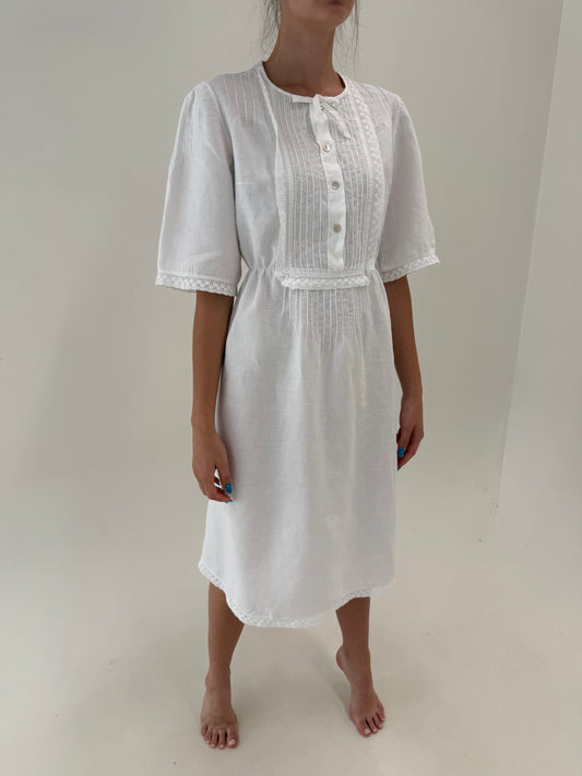 Rochie vintage din in excepțional cu macrame lucrat manual talie elastică