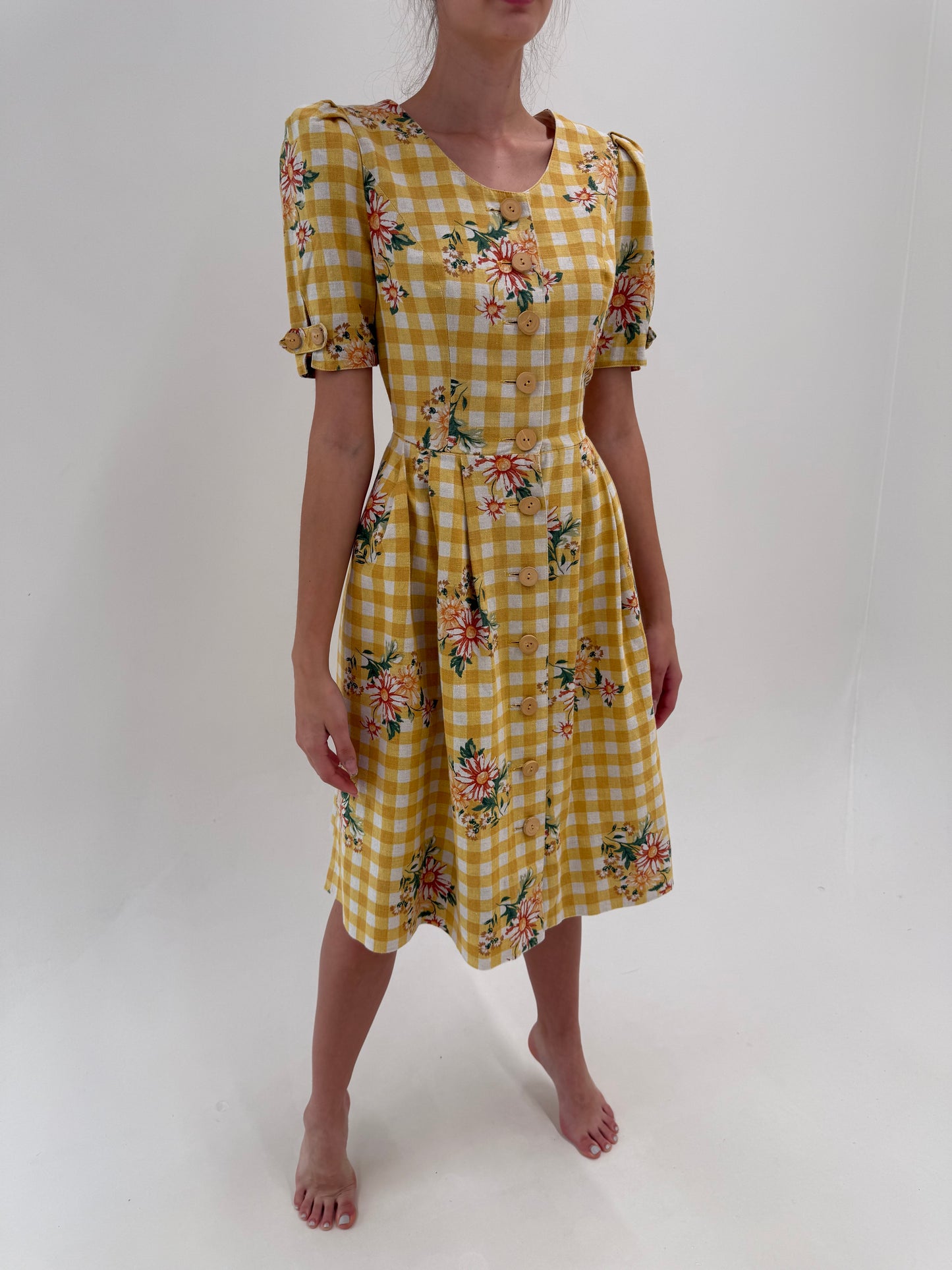 Rochie vintage din pânză excepțională de in cu corsaj și carouri