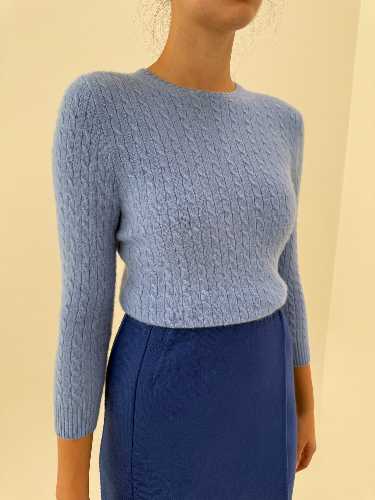 Pulover de brand premium baby blue din cașmir cu torsade