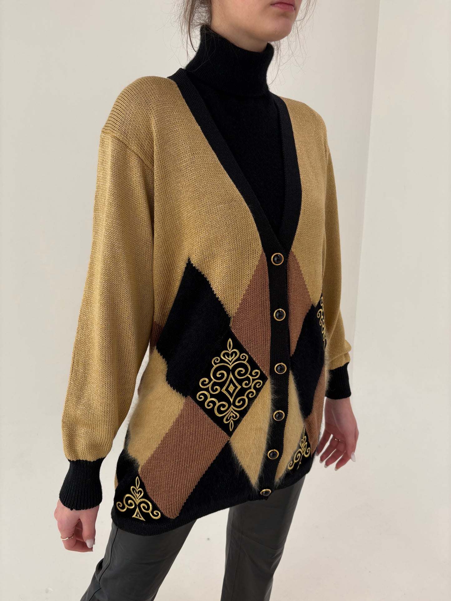 Cardigan vintage din tricot perlat camel cu o tentă pudrată de auriu cu Angora