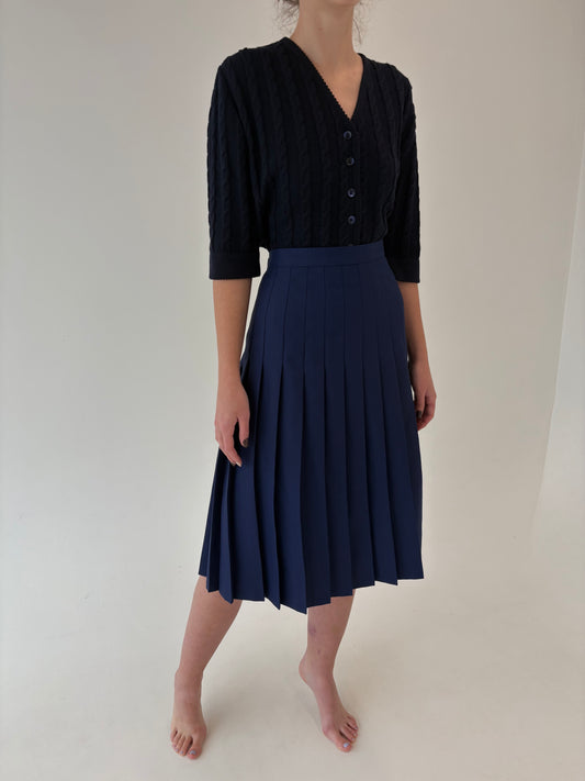 Fustă vintage plisată albastru cerneală din mix de lana extrafina