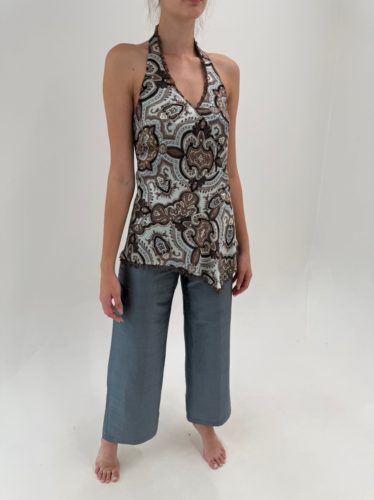 Pantaloni palazzo silver gray din mătase naturală dupioni