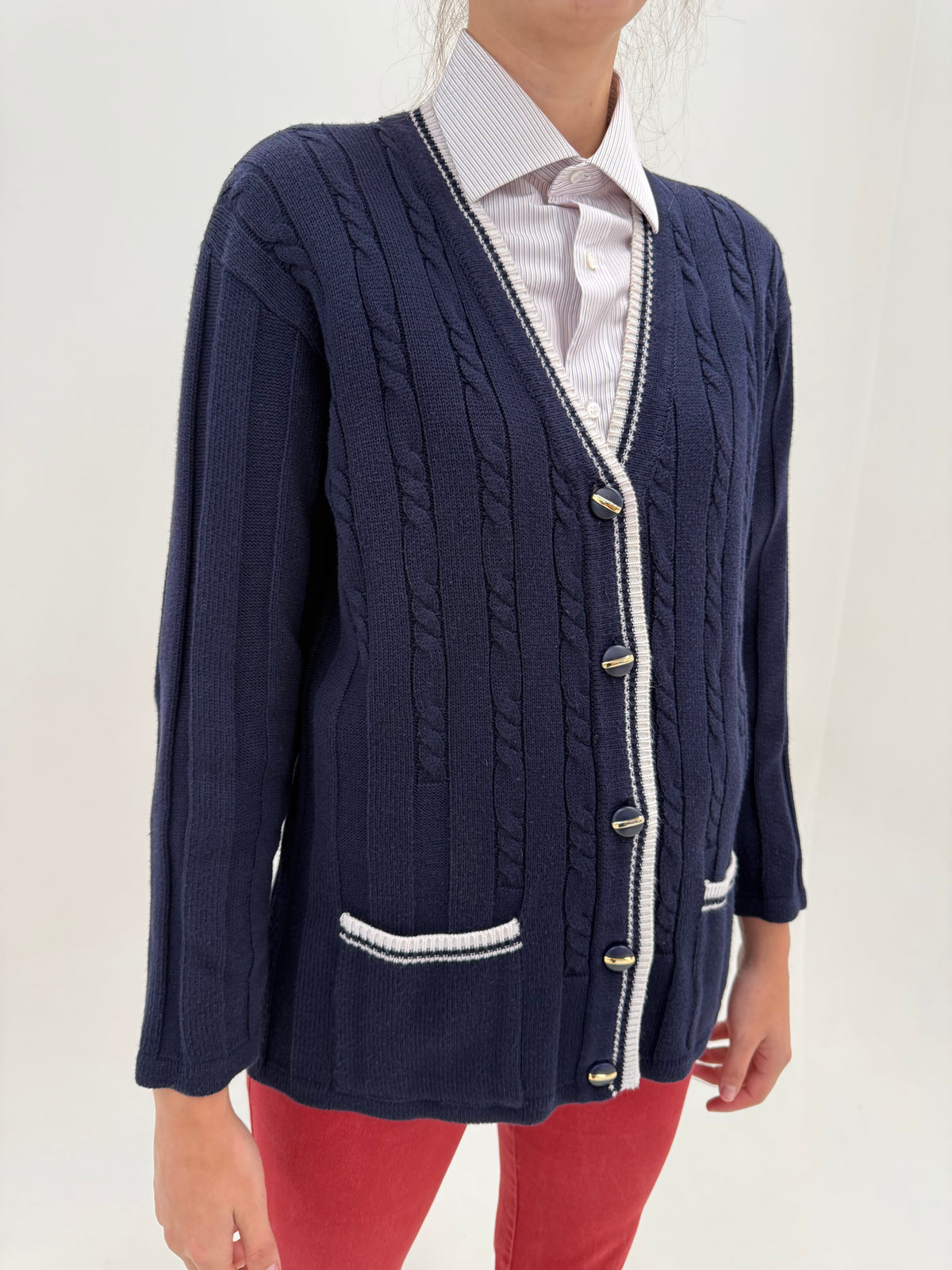 Cardigan clasic italian cu torsade din bumbac excepțional de gramaj mare