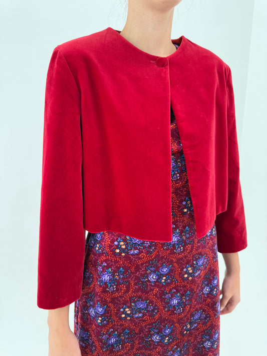 Sacou cherry red din catifea în croi boxy tip bolero super revenit în trend