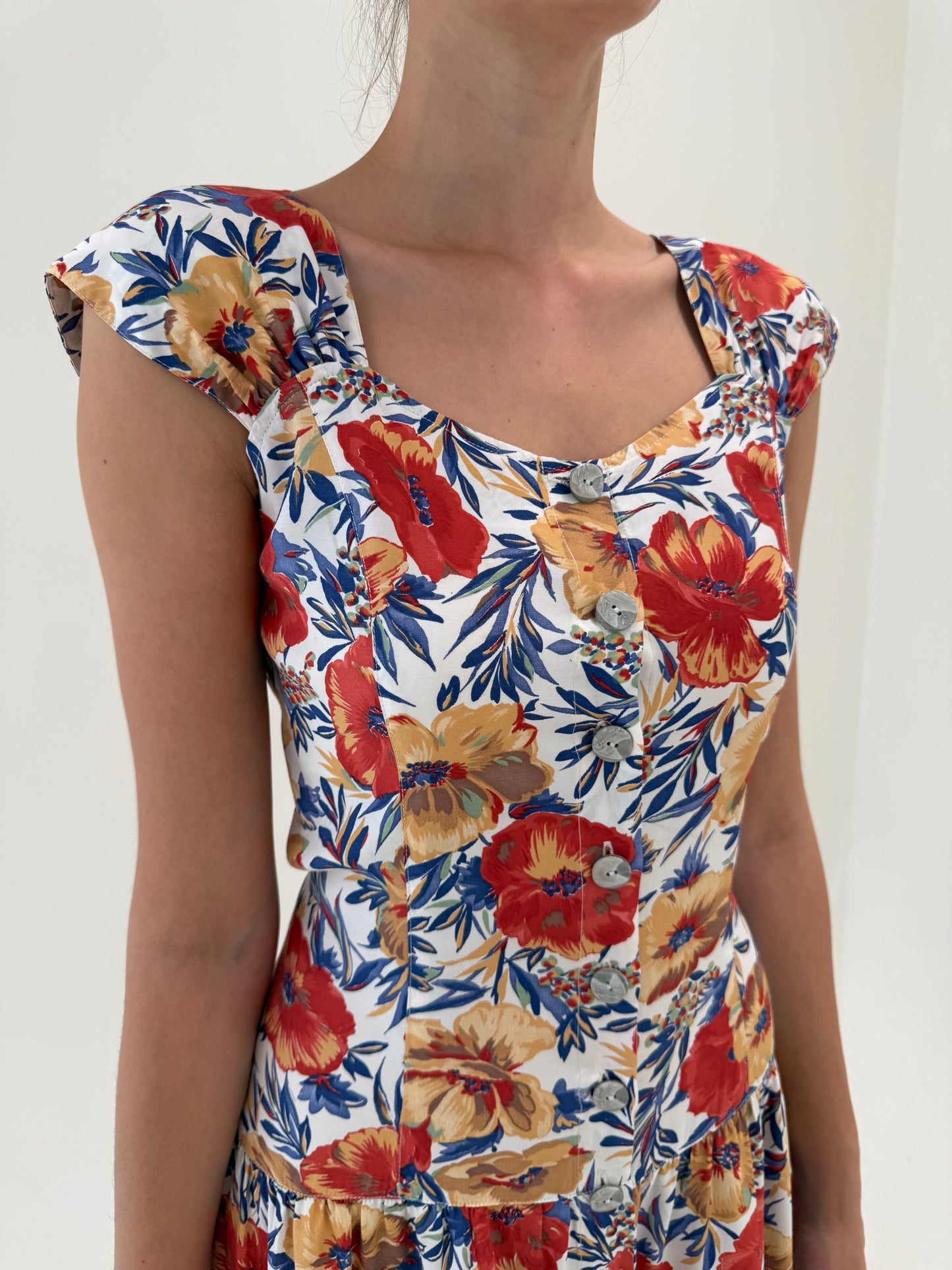 Rochie vintage maxi super vaporoasă de vară cu decolteu inimă și print floral