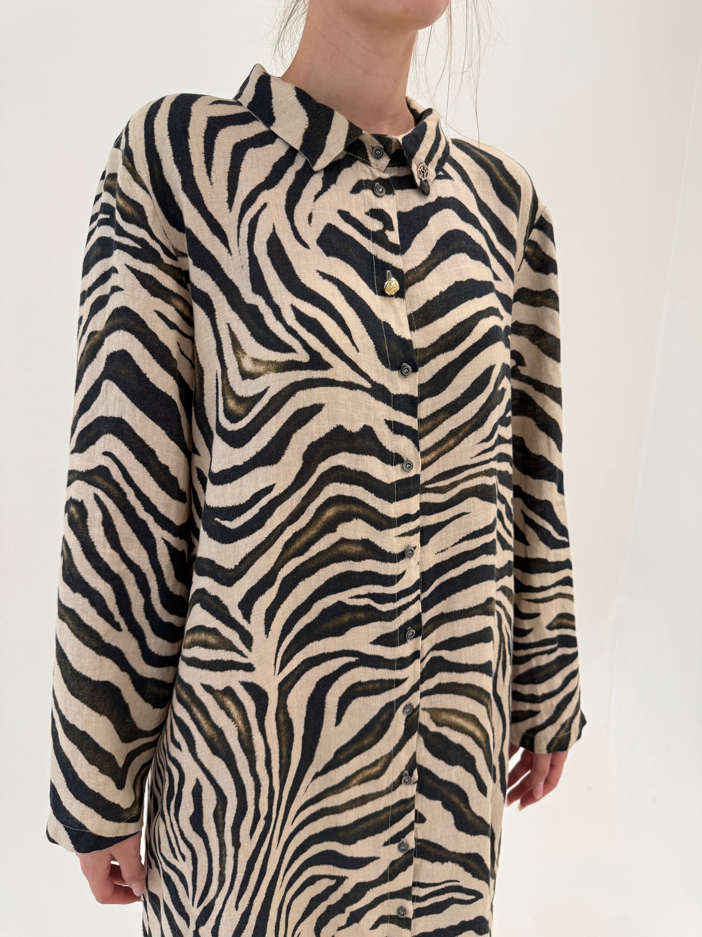 Rochie animal print din in în croi lejer
