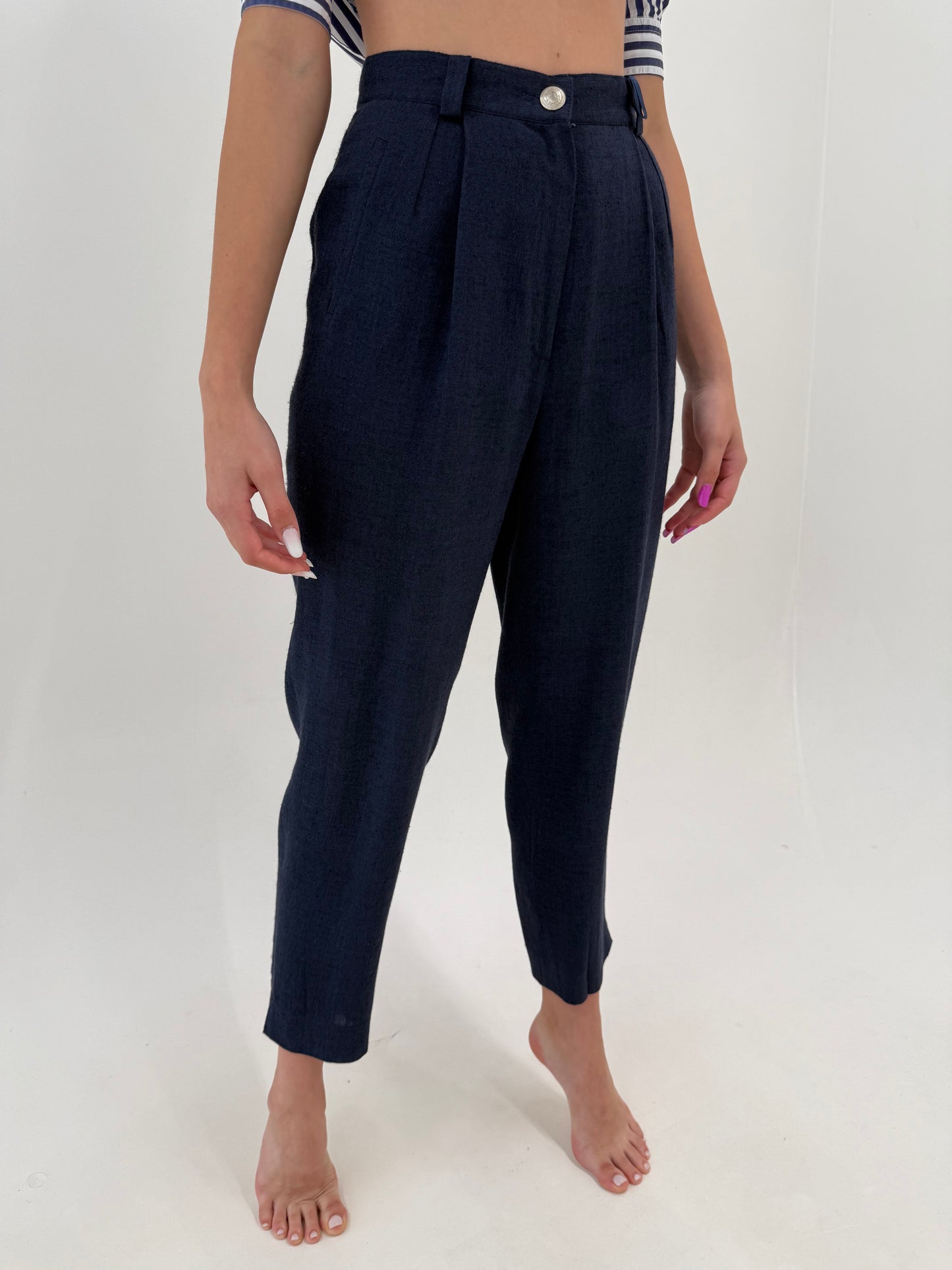 Pantaloni din pânză cu talie ultra înaltă și pense Navy blue și solduri generoase