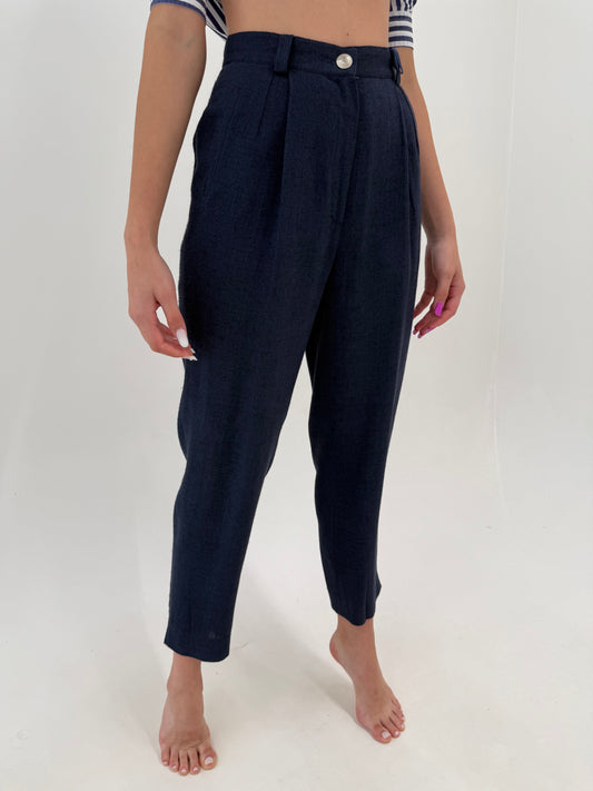 Pantaloni din pânză cu talie ultra înaltă și pense Navy blue și solduri generoase