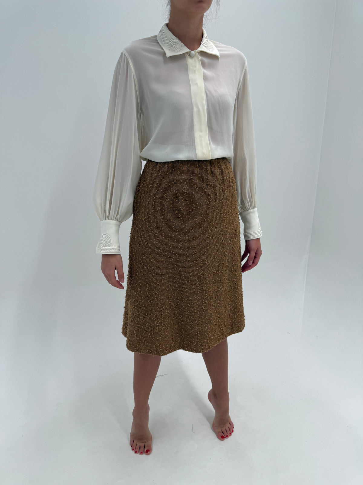 Fustă vintage camel din tricot texturat superb midi cu buzunare