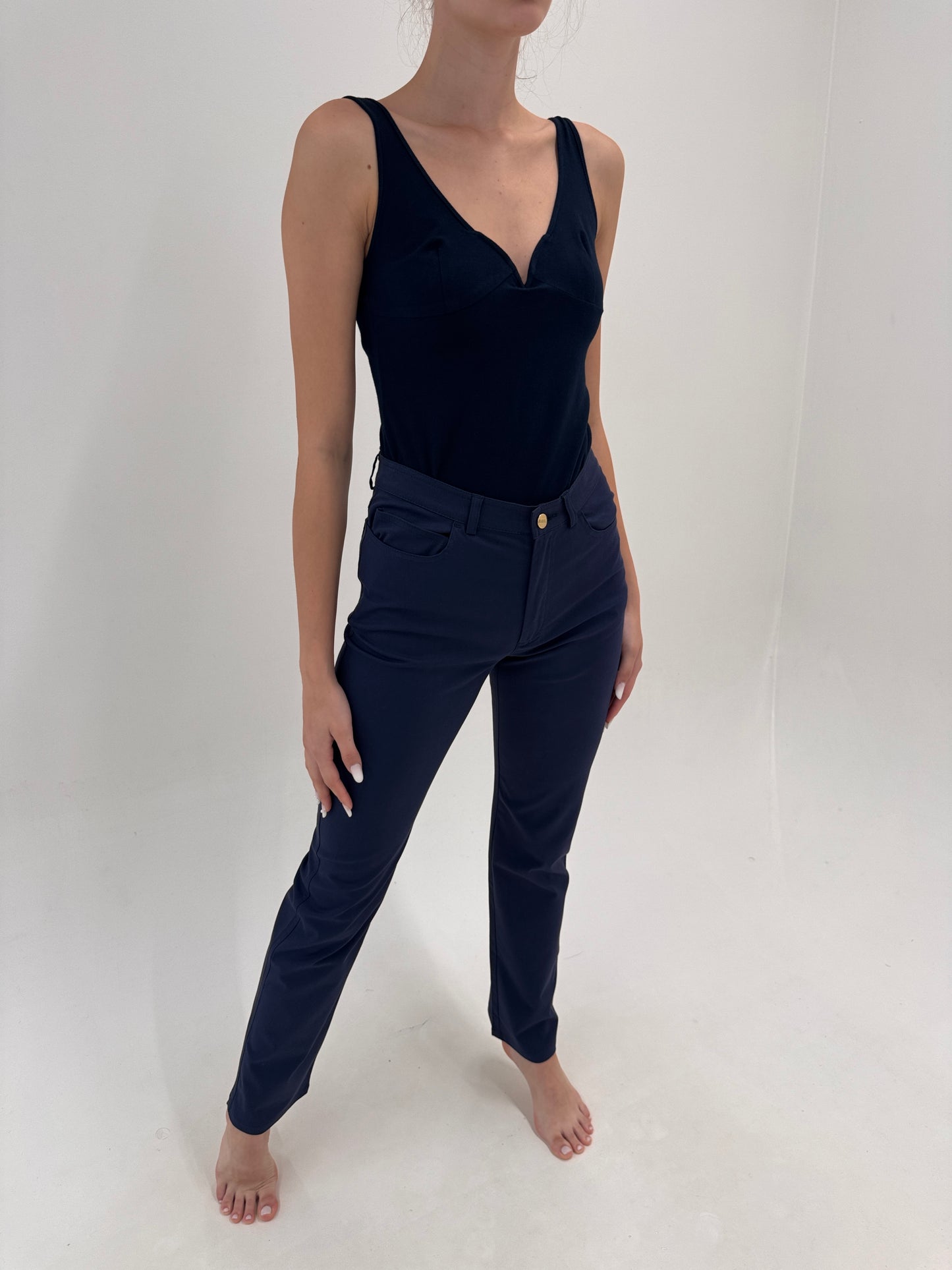 Pantaloni Navy tall Marella by Max Mara din bumbac în croi clasic