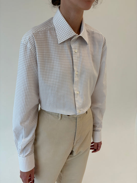 Cămașa ultra luxury Zegna din poplin în carouri fine chocolate brown