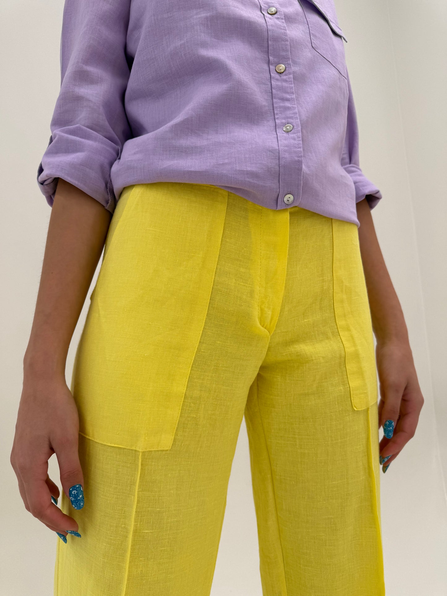 Pantaloni din in premium lemon green in croi clasic