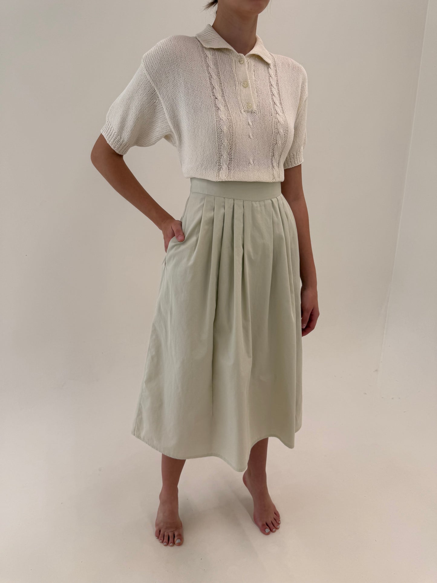 Fustă vintage midi lung cu buzunare very light green din bumbac premium