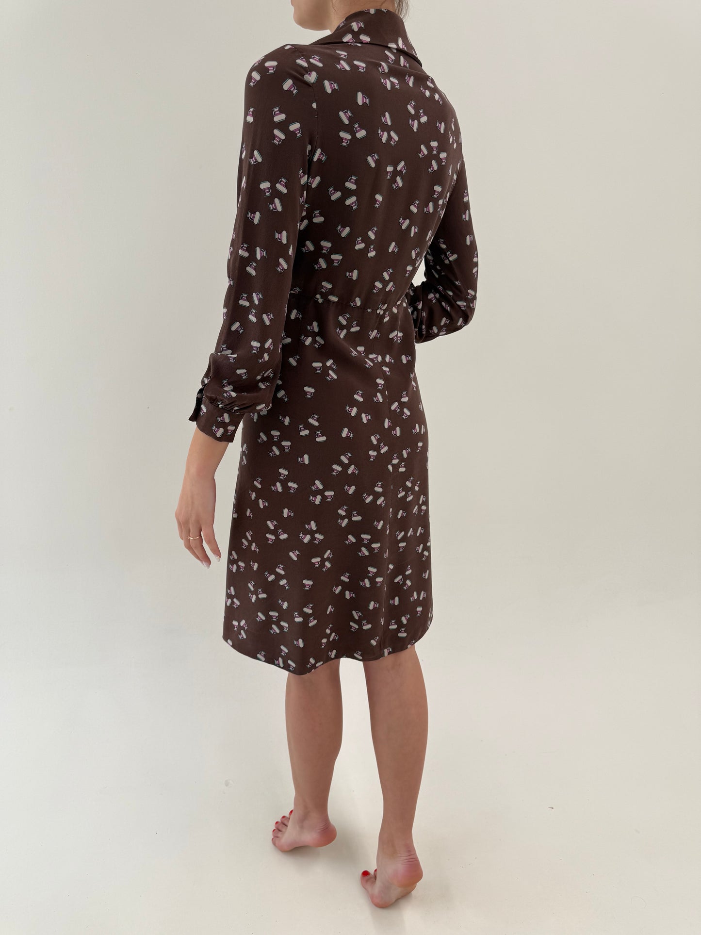 Rochie vintage tip cămașă din mătase mătușă cu print delicat