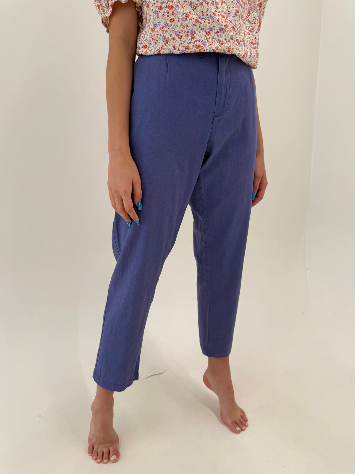 Pantaloni din pânză de in și bumbac Iris blue cu talie ultra înaltă
