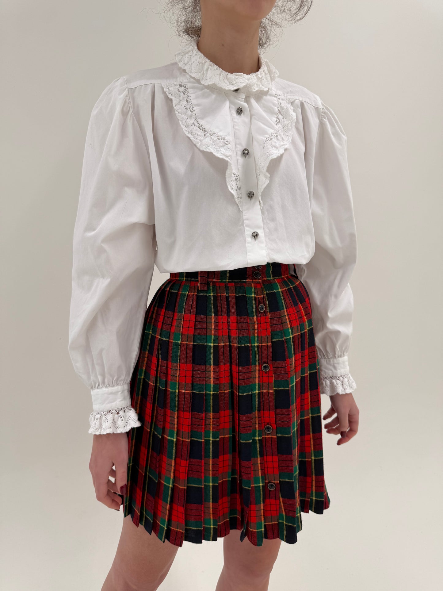 Fustă vintage plisată din Tartan gros de lana cu talie ultra înaltă