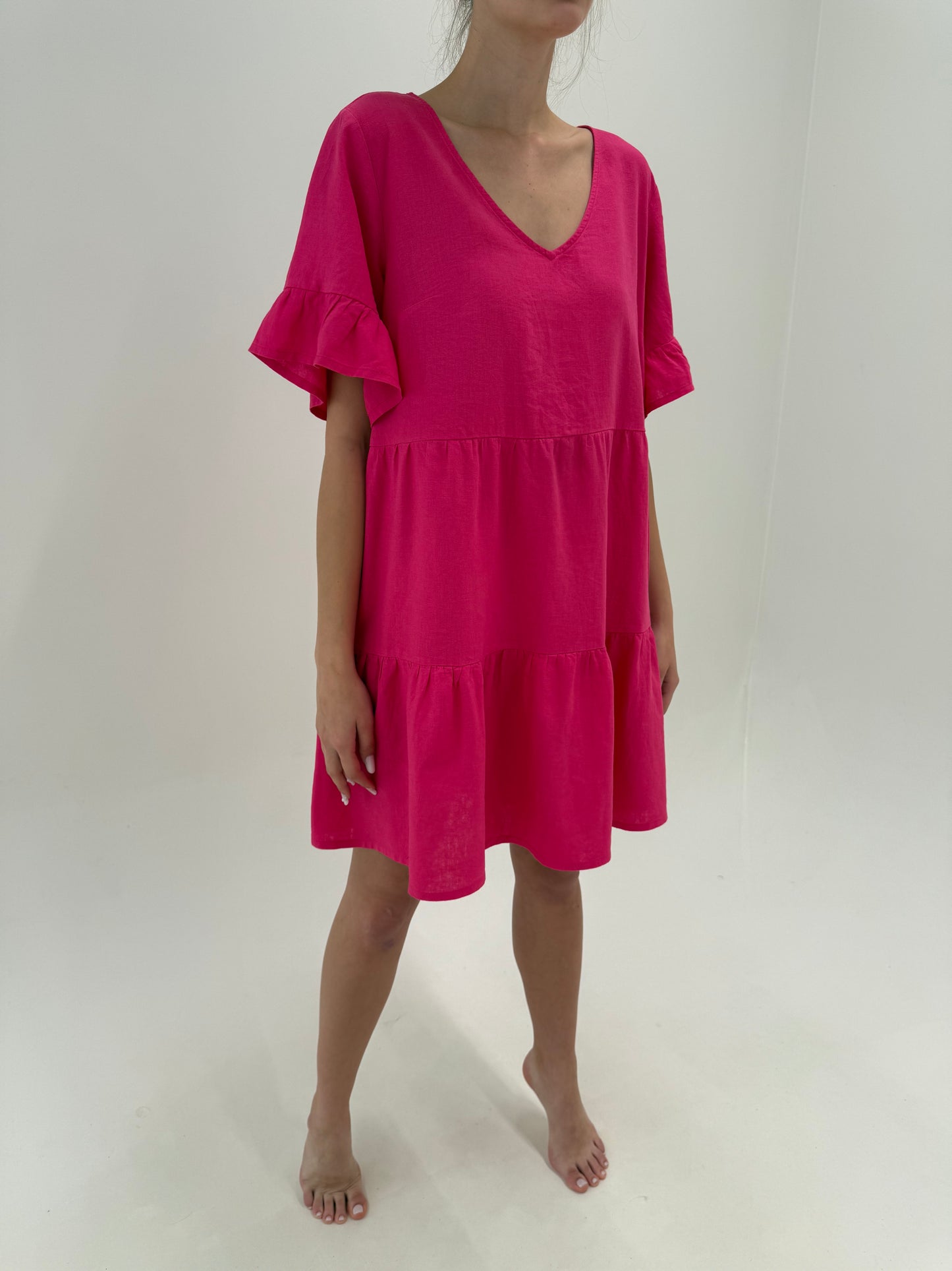 Rochie din in premium fucsia în croi lejer ultra confort