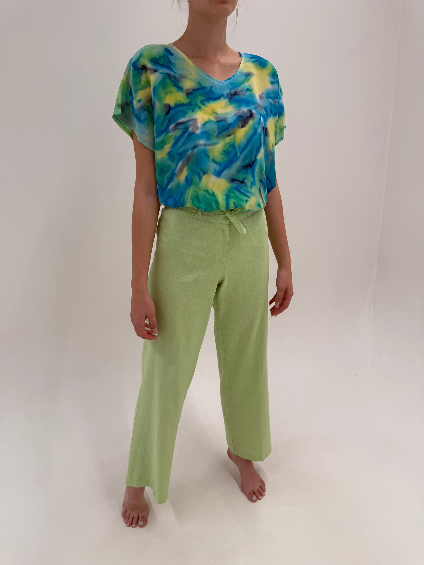 Pantaloni verde crud din pânză de in cu vascoza