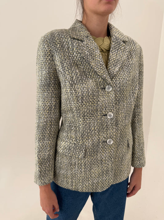 Sacou clasic din tweed bouclé exceptional alb, negru și butter yellow