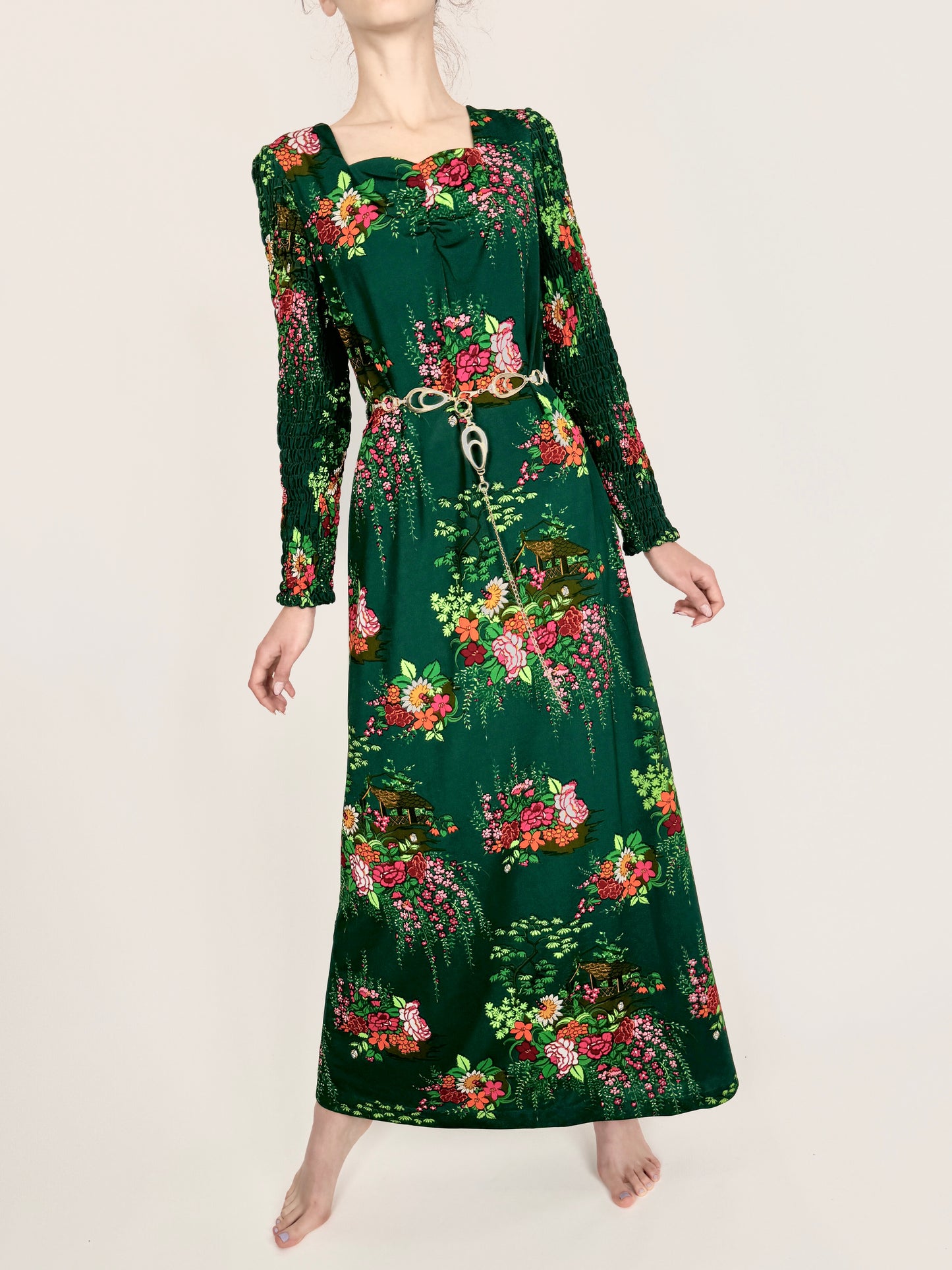 Rochie vintage maxi forest green în croi de ani 70  și culori tari