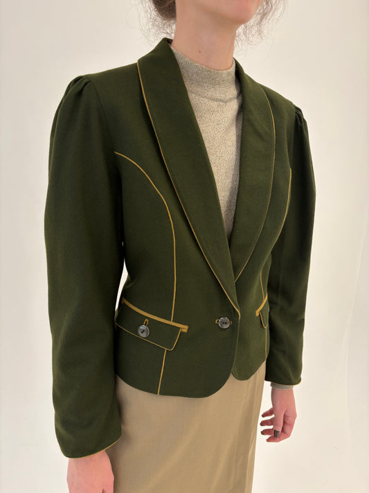 Sacou vintage cambrat forest green cu umeri ușor bufanți 80% lana