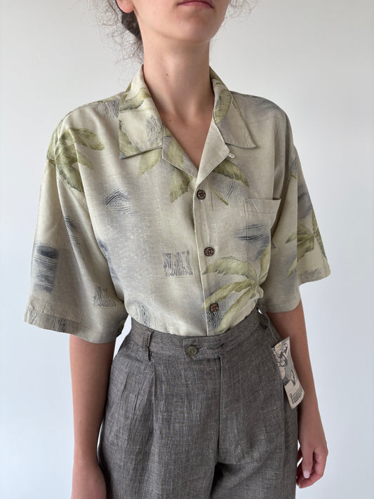 Cămașa vintage cu print organic din pânză de mătase naturală