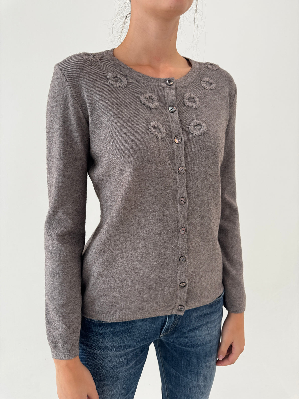 Cardigan taupe Max Mara light taupe din mix de lana extrafina cu broderie 3D