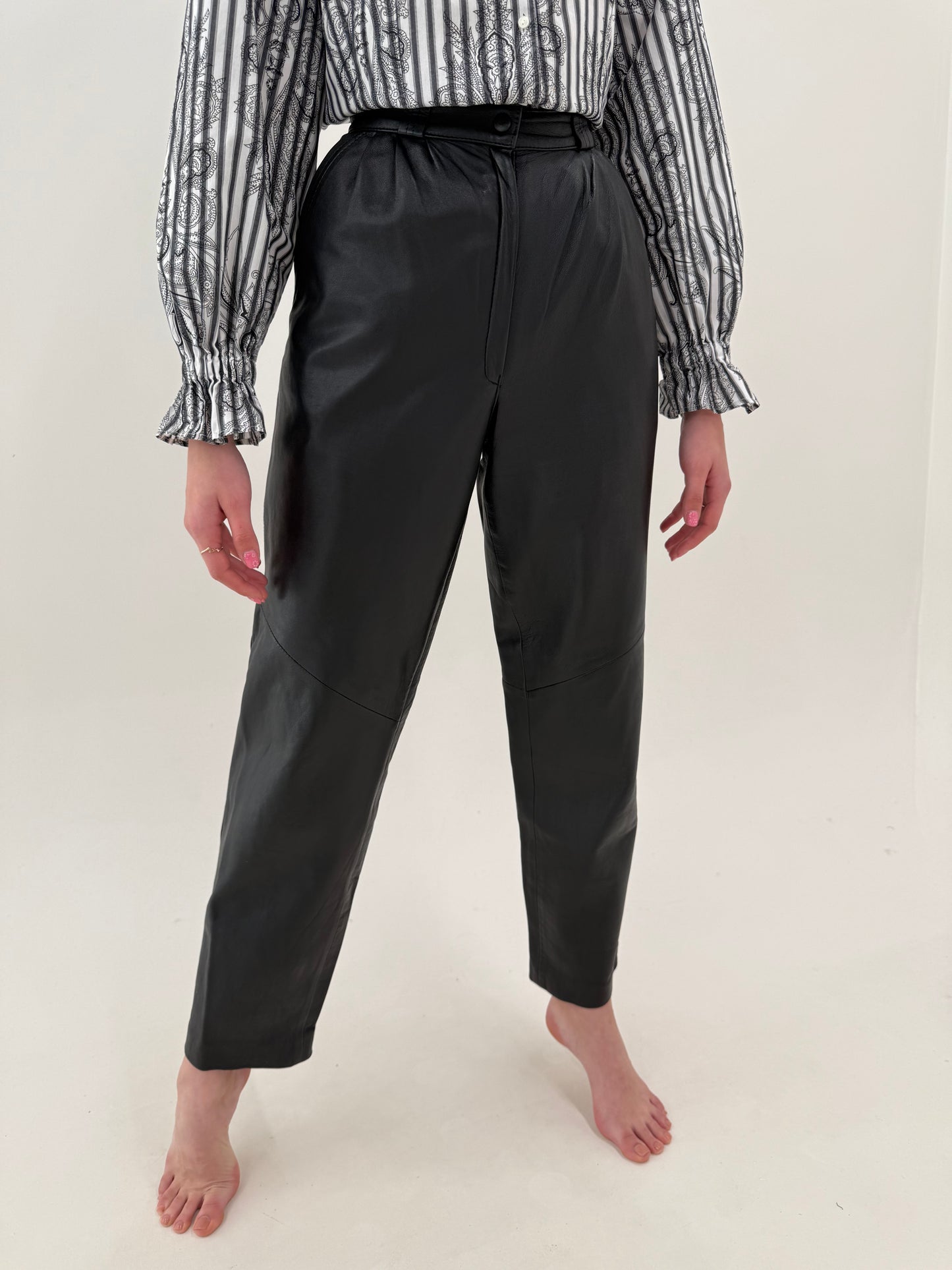 Pantaloni mom fit din piele naturală extrem de moale cu talie ultra înaltă