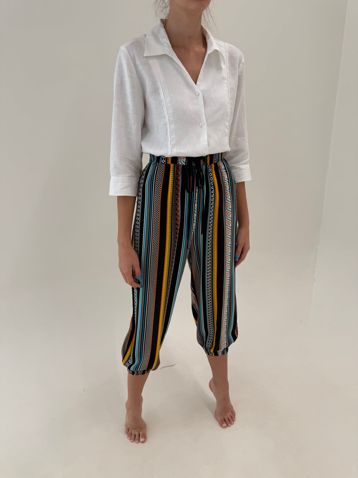 Pantaloni baloon petite capri cu talie ultra înaltă elastică vaporoși în dungi