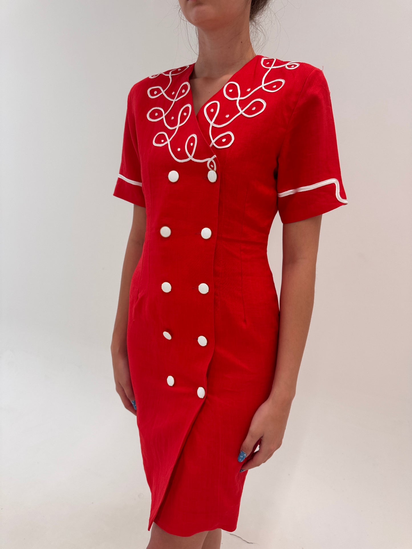 Rochie premium italiană din pânză de in cu aplicații manuale cherry red