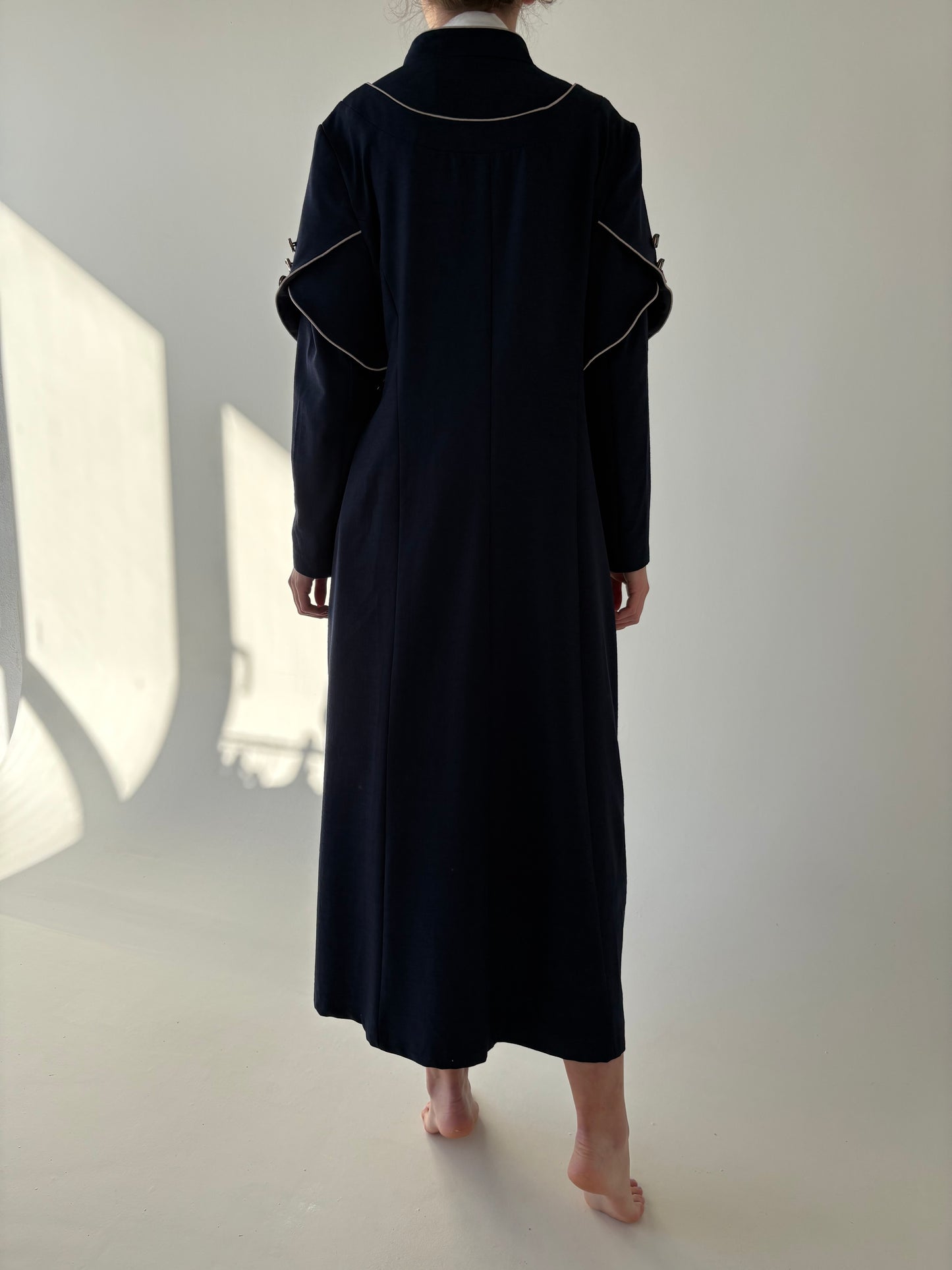 Rochie / Pardesiu Navy maxi cu buzunare și inserții contrastante