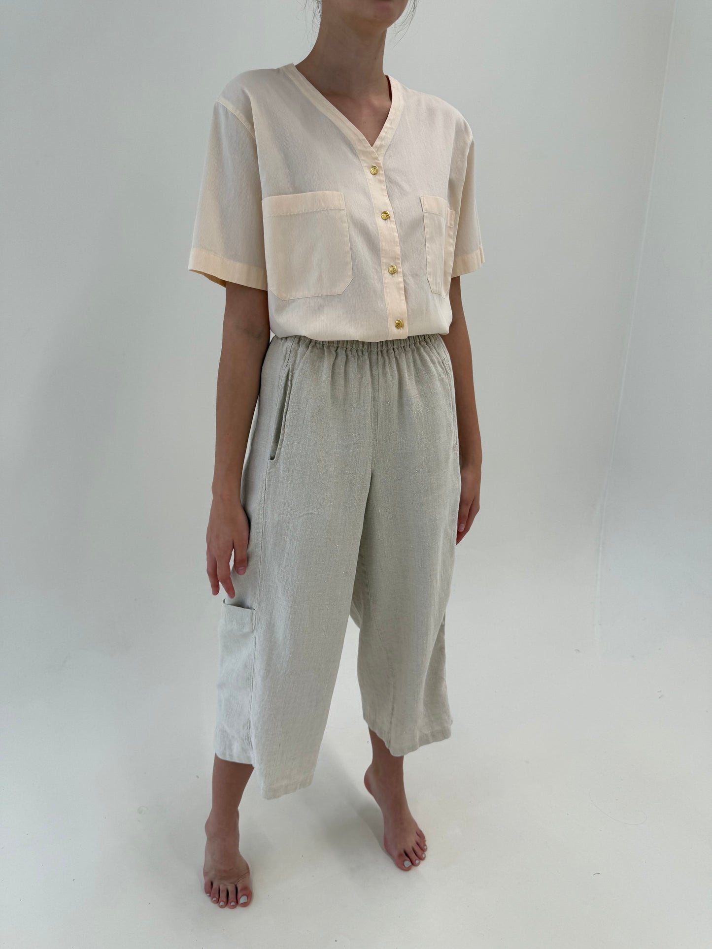 Pantaloni din pânză de in sand nude petite cu talie ultra înaltă elastică