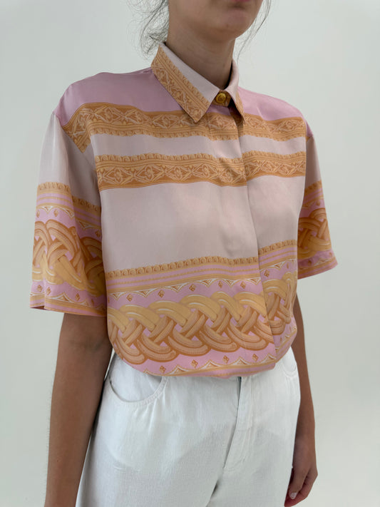 Cămașa italiana din twill de mătase naturală în culori pudrate și print baroc