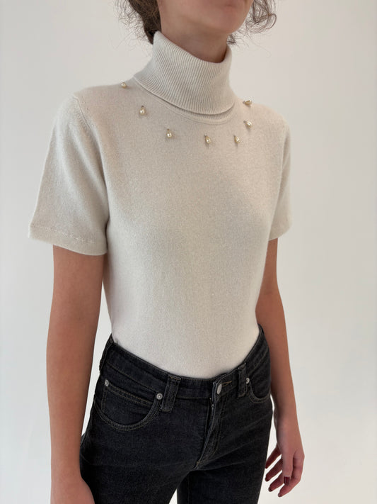 Maleta din cașmir off white cu aplicații manuale perle pearshape