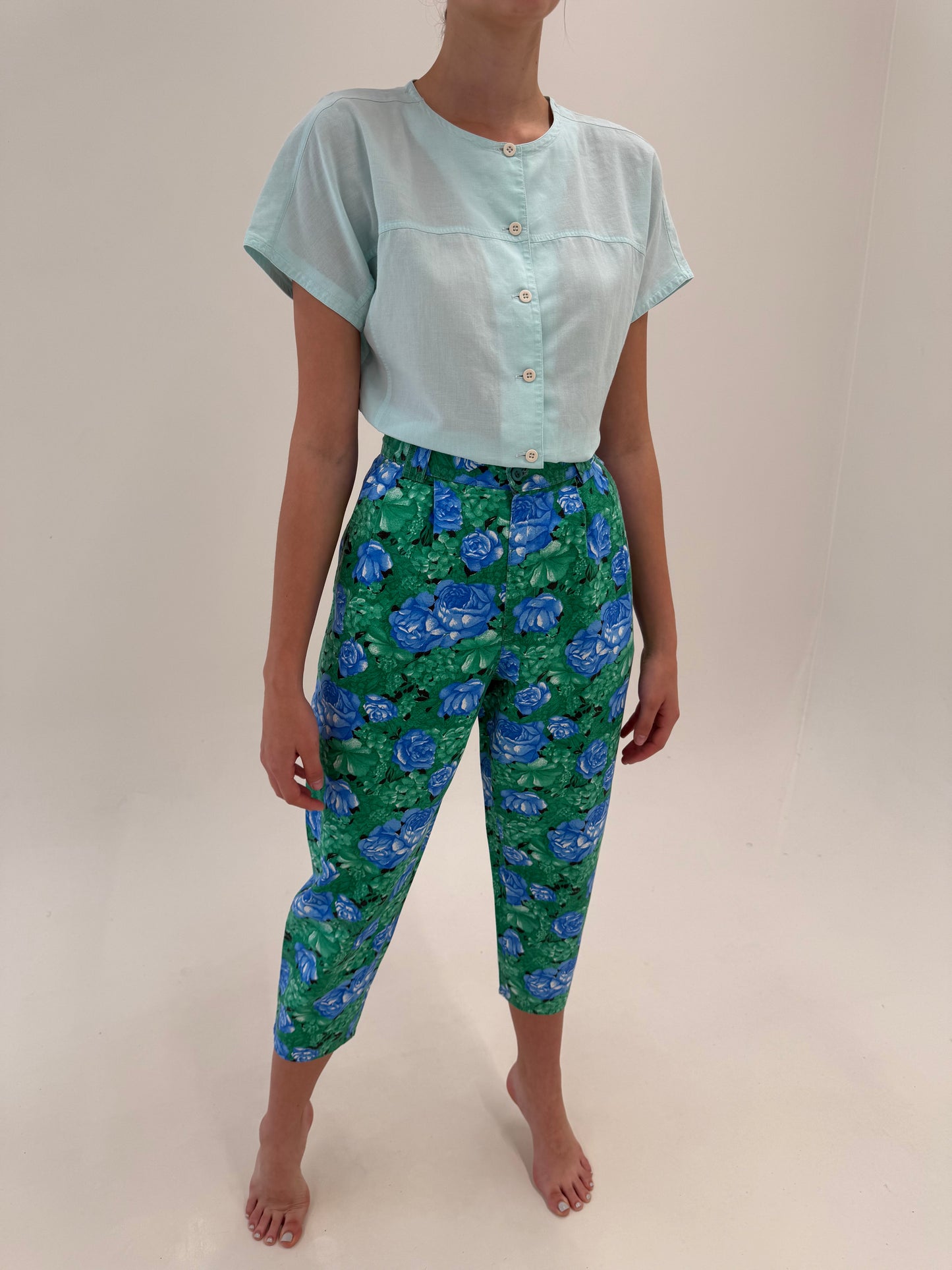 Pantaloni vintage petite cu talie ultra înaltă din pânză de bumbac
