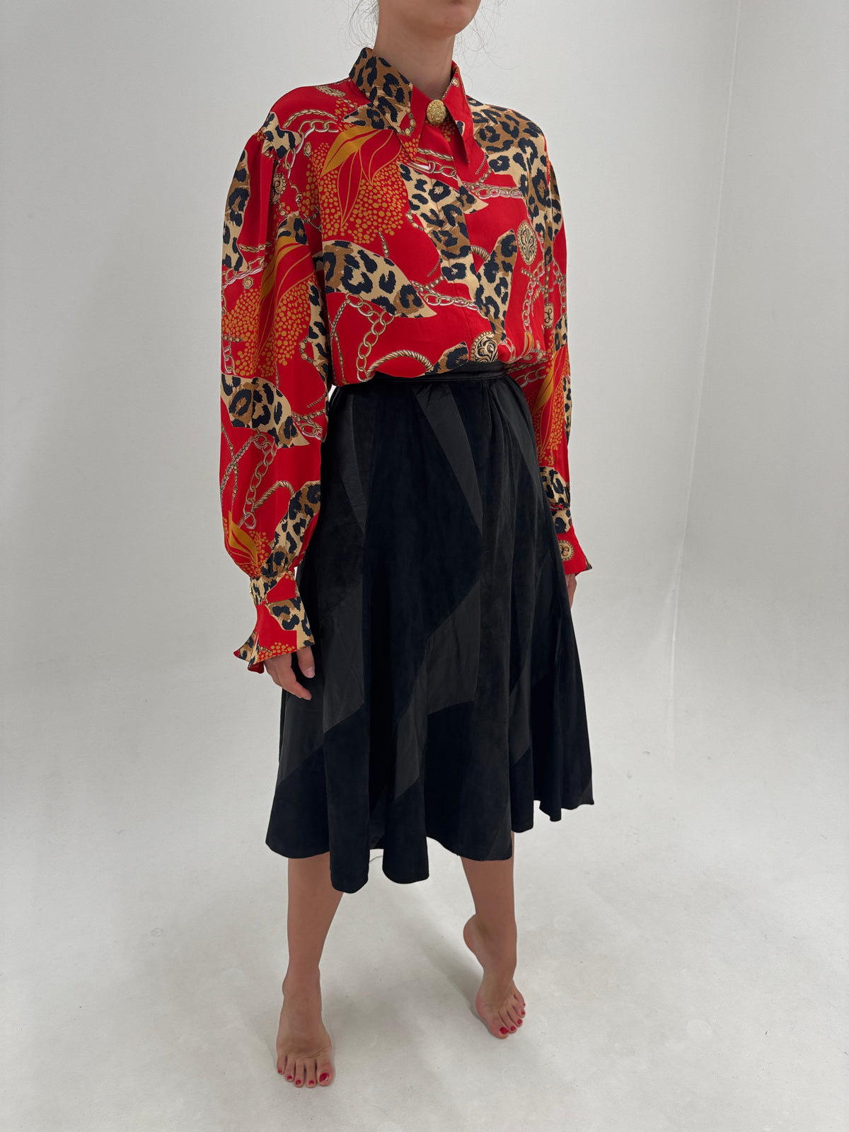 Fustă din piele naturală extrem de moale în croi A-line patchwork midi lung