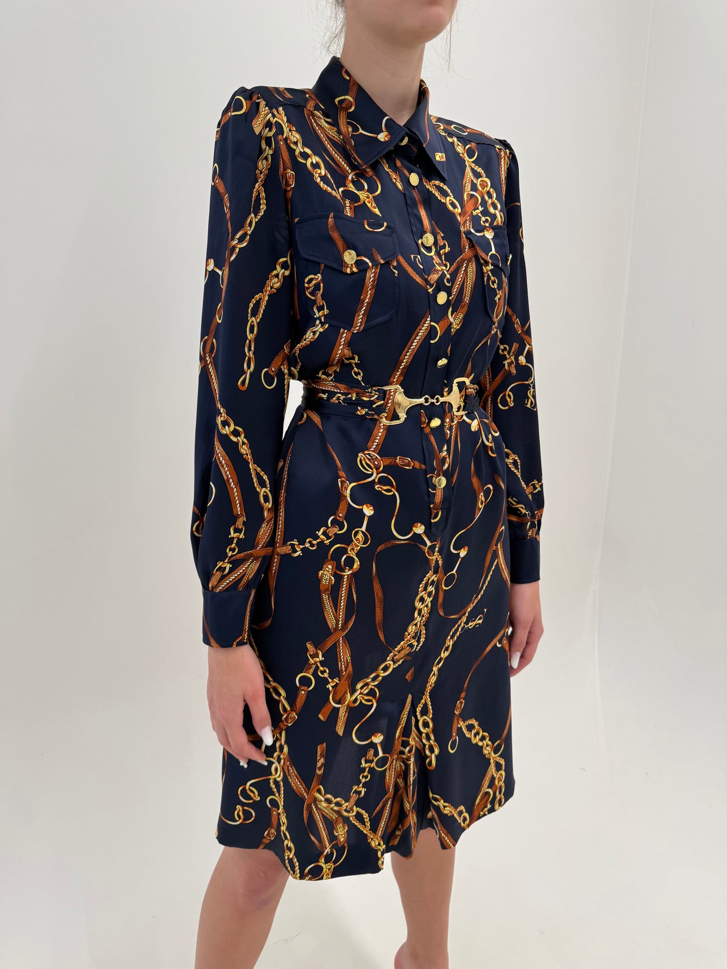Rochie luxury Luisa Spagnoli din twill de mătase naturală cu print baroc și centura proprie