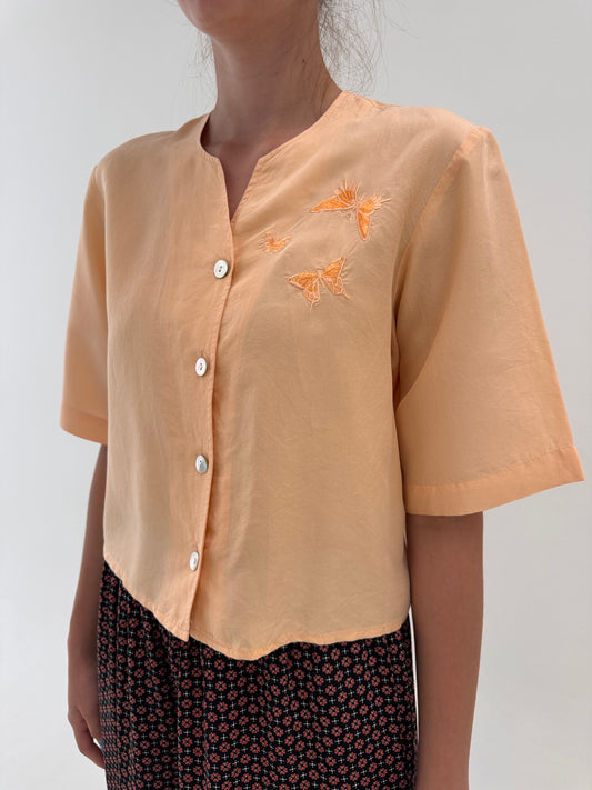 Cămașa vintage powder orange din mătase naturală cu broderie delicată