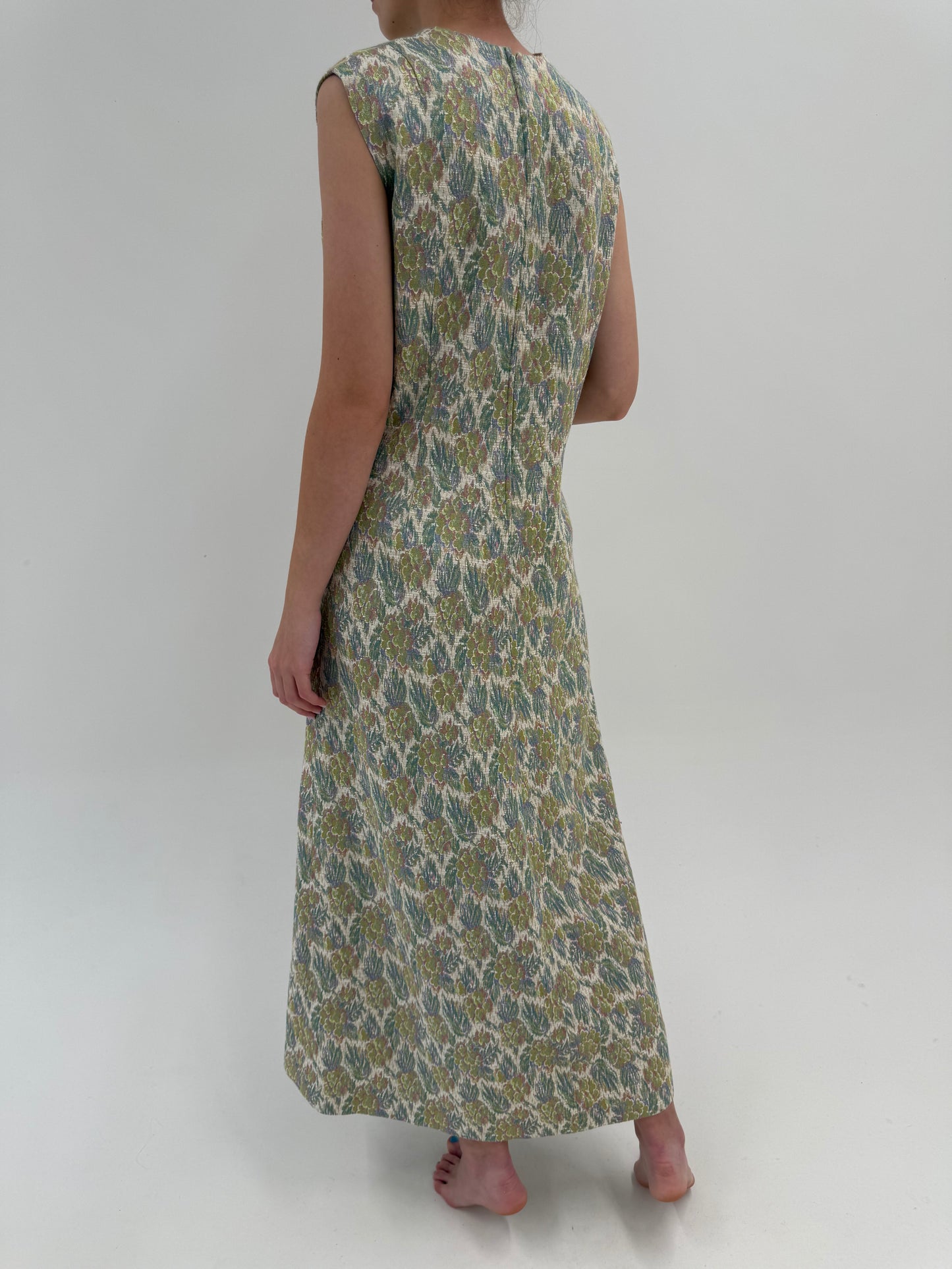 Rochie maxi old vintage anii 60 de colecție din jacquard excepțional în culori pudrate