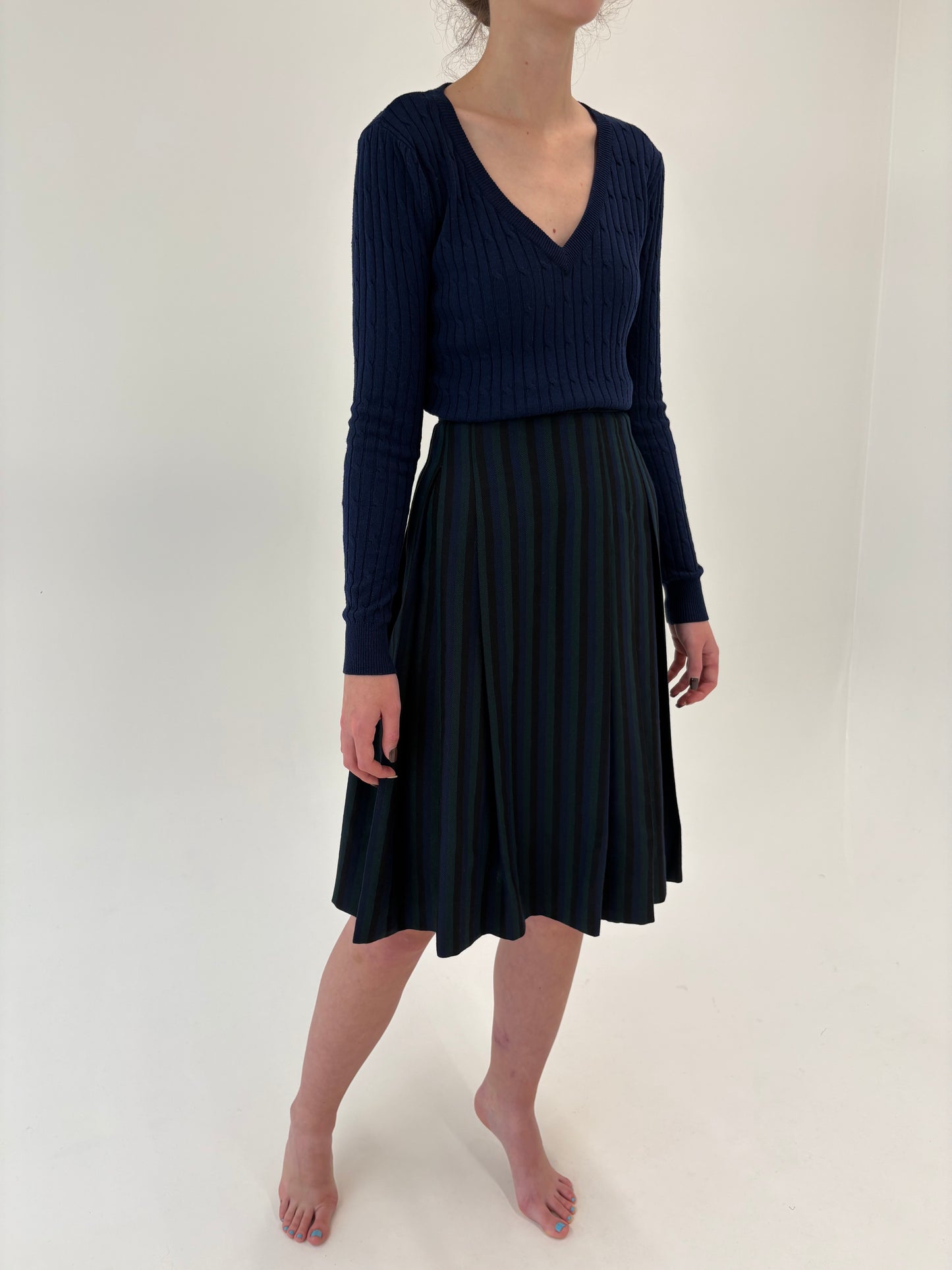 Fustă vintage plisată din lana groasă în dungi verticale și culori superbe