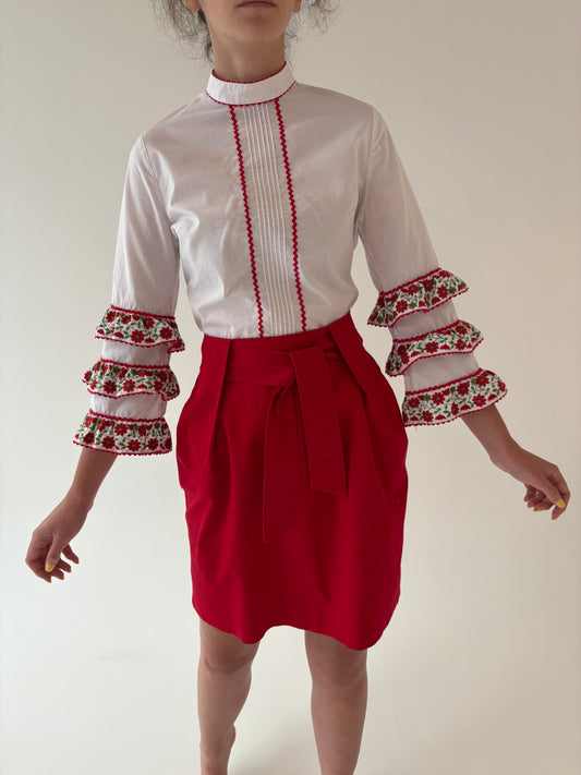 Fustă cherry red în croi chic din poplin de bumbac