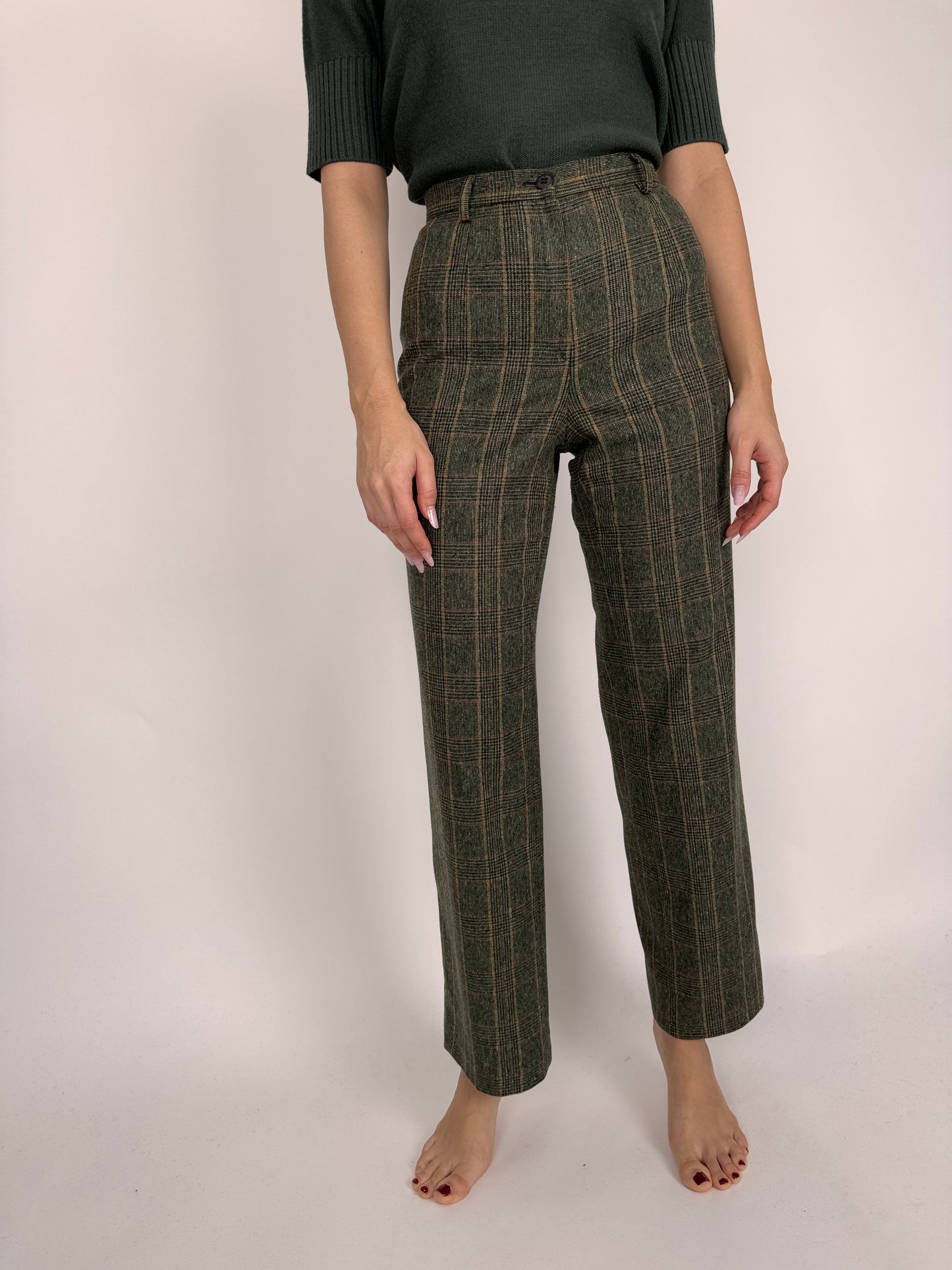 Pantaloni premium italienești din stofă de lana plină forest green în carouri